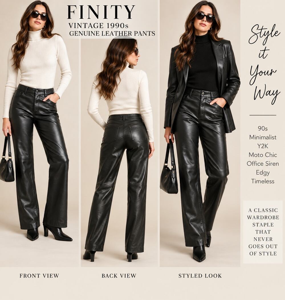 Vtg 90s Finity Black Genuine Leather Pants Size 8 High Rise Straight Leg Y2K